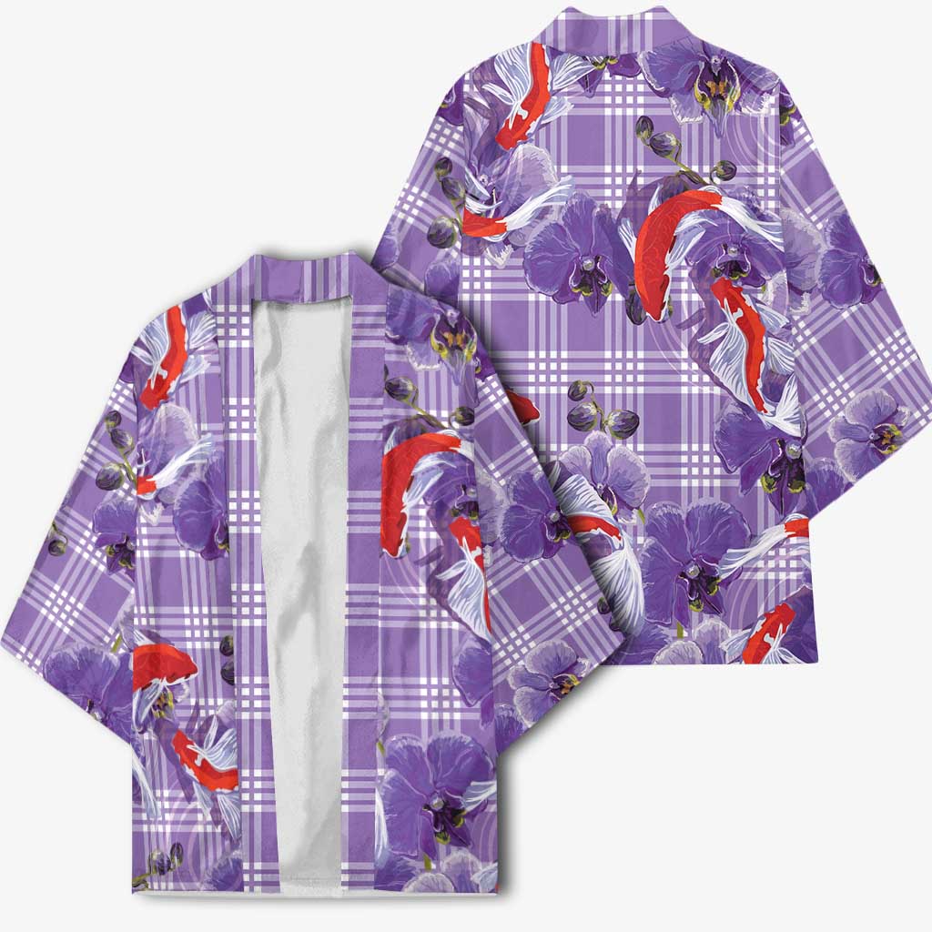 Lavender Palaka Hawaii Aloha Kimono Koi Pond Mix Orchids LT7 - Polynesian Pride