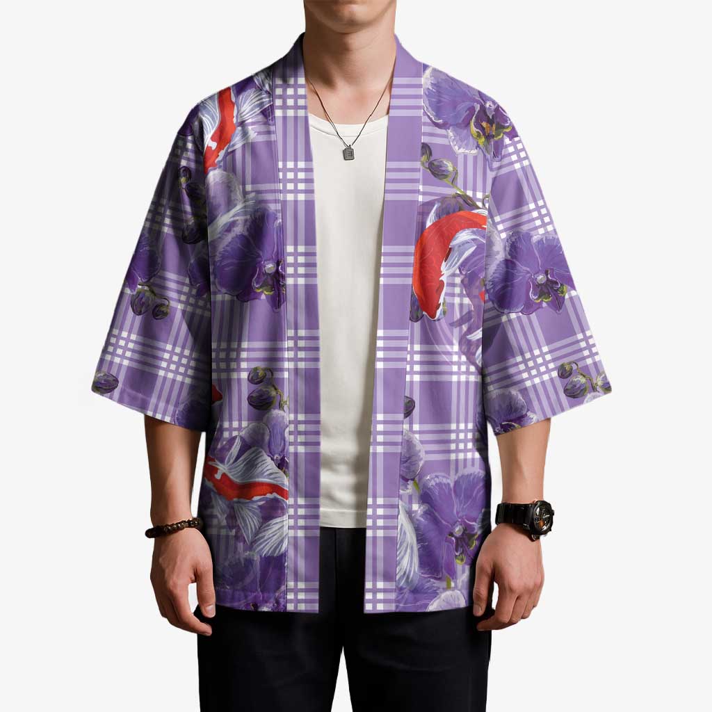 Lavender Palaka Hawaii Aloha Kimono Koi Pond Mix Orchids LT7 - Polynesian Pride