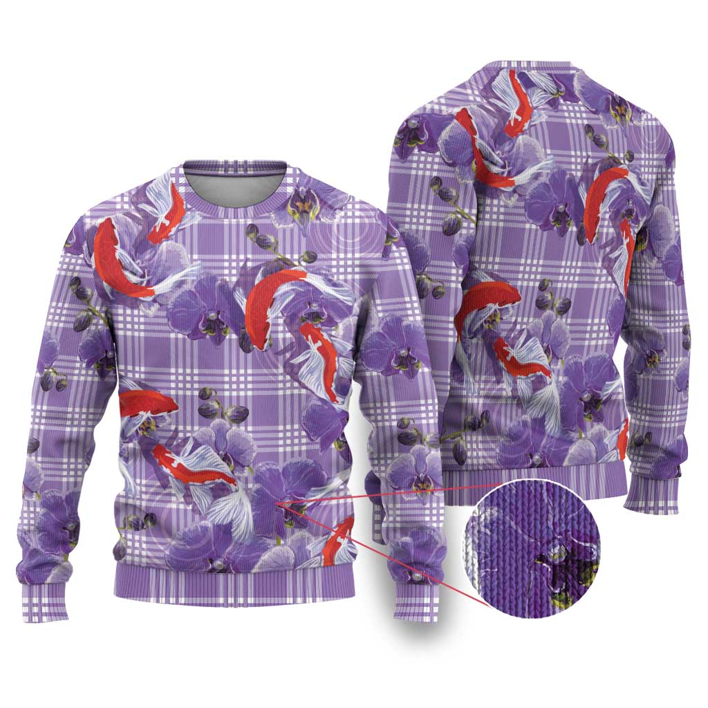 Lavender Palaka Hawaii Aloha Ugly Christmas Sweater Koi Pond Mix Orchids LT7 Purple - Polynesian Pride