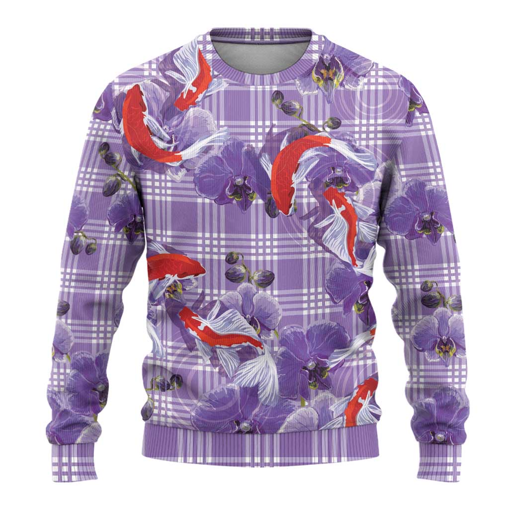 Lavender Palaka Hawaii Aloha Ugly Christmas Sweater Koi Pond Mix Orchids LT7 - Polynesian Pride
