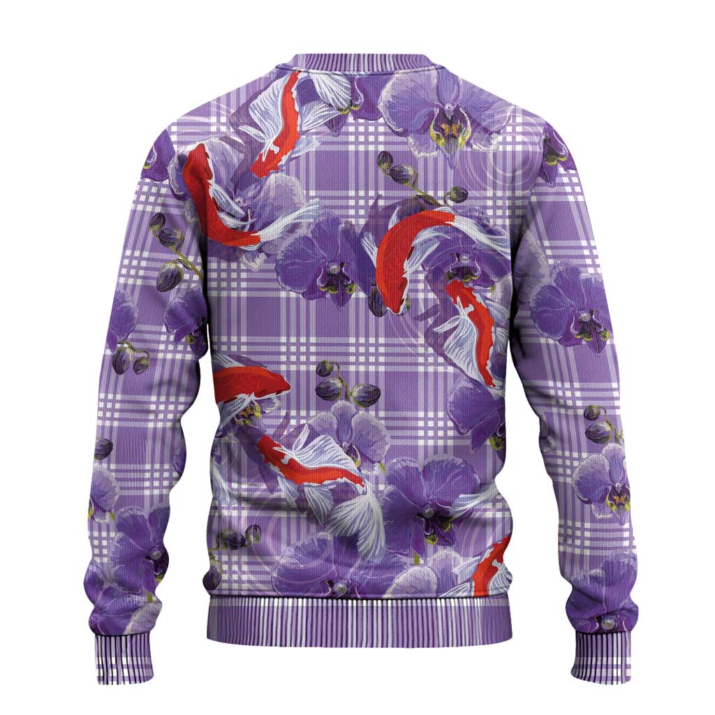 Lavender Palaka Hawaii Aloha Ugly Christmas Sweater Koi Pond Mix Orchids LT7 - Polynesian Pride