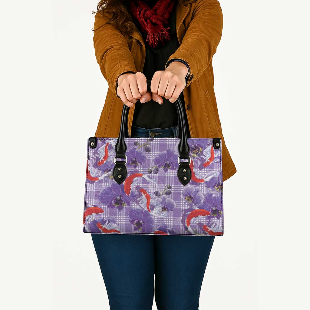 Lavender Palaka Hawaii Aloha Leather Bag Koi Pond Mix Orchids LT7 - Polynesian Pride