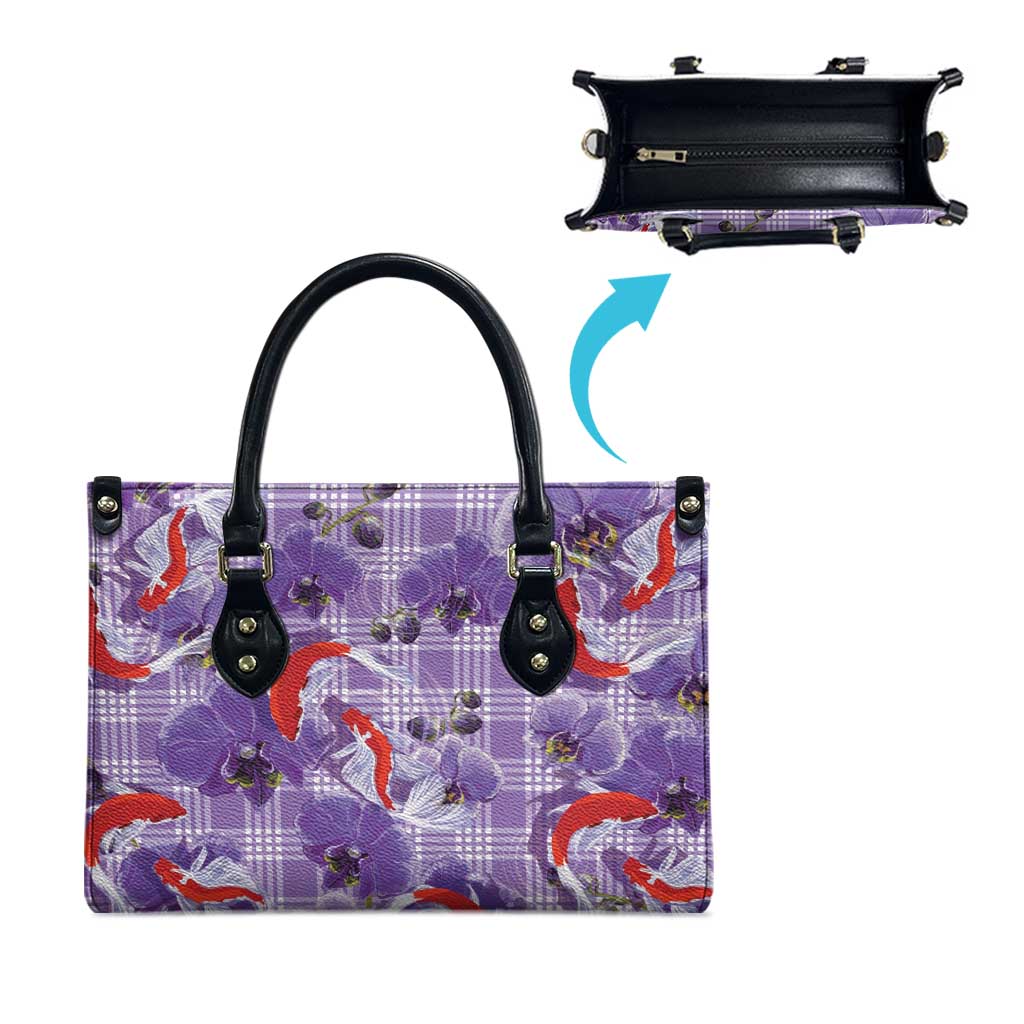 Lavender Palaka Hawaii Aloha Leather Bag Koi Pond Mix Orchids LT7 - Polynesian Pride