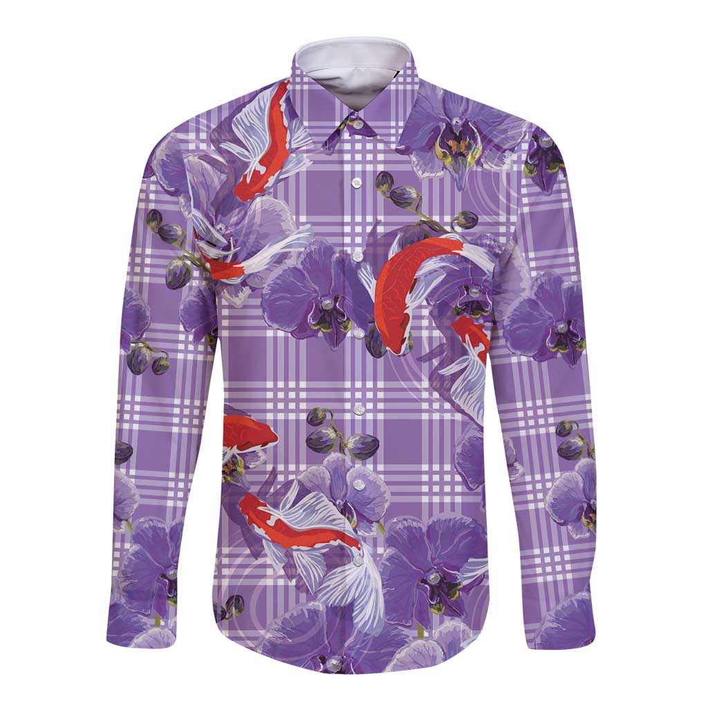 Lavender Palaka Hawaii Aloha Long Sleeve Button Shirt Koi Pond Mix Orchids LT7 Unisex Purple - Polynesian Pride
