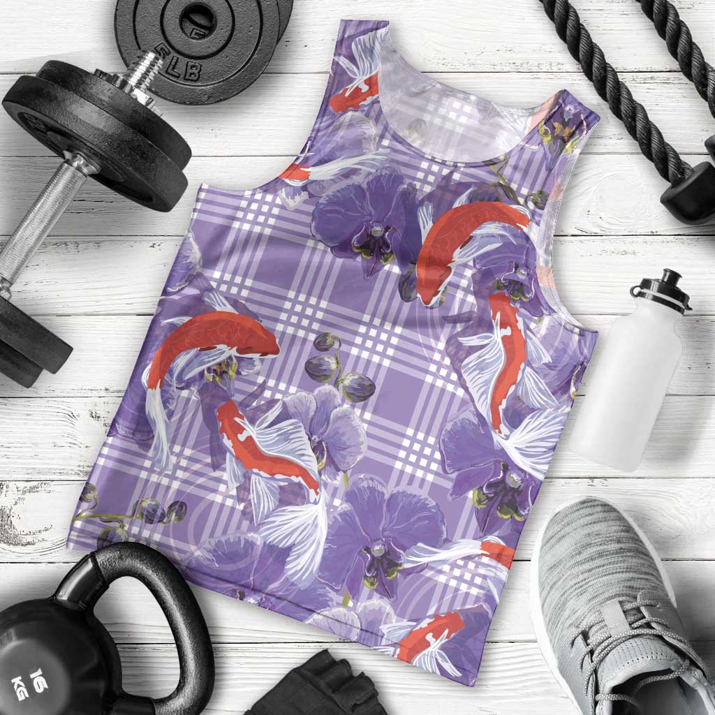Lavender Palaka Hawaii Aloha Men Tank Top Koi Pond Mix Orchids LT7 - Polynesian Pride