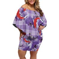 Lavender Palaka Hawaii Aloha Off Shoulder Short Dress Koi Pond Mix Orchids LT7 Women Purple - Polynesian Pride