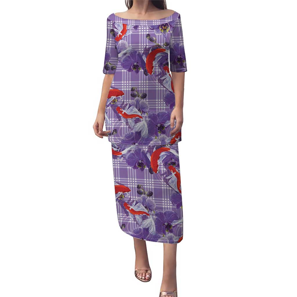 Lavender Palaka Hawaii Aloha Puletasi Koi Pond Mix Orchids LT7 Long Dress Purple - Polynesian Pride