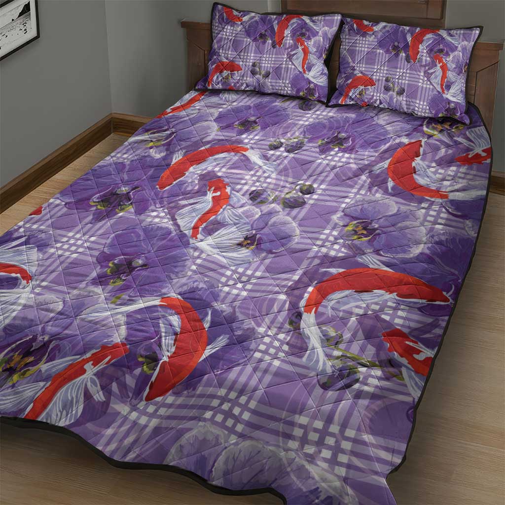 Lavender Palaka Hawaii Aloha Quilt Bed Set Koi Pond Mix Orchids LT7 - Polynesian Pride