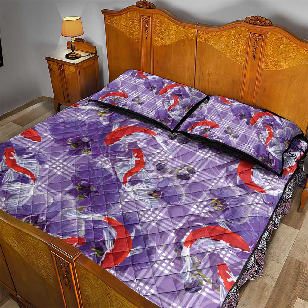 Lavender Palaka Hawaii Aloha Quilt Bed Set Koi Pond Mix Orchids LT7 - Polynesian Pride