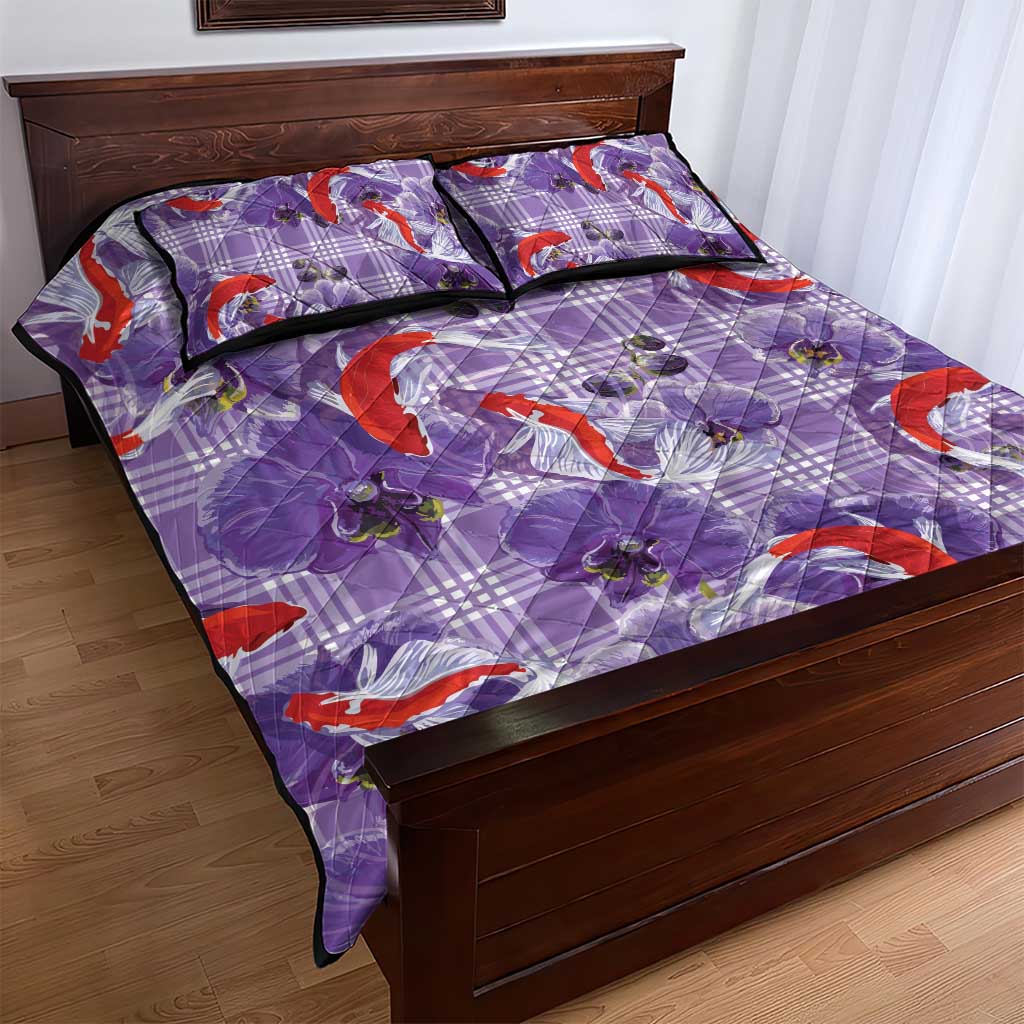 Lavender Palaka Hawaii Aloha Quilt Bed Set Koi Pond Mix Orchids LT7 - Polynesian Pride