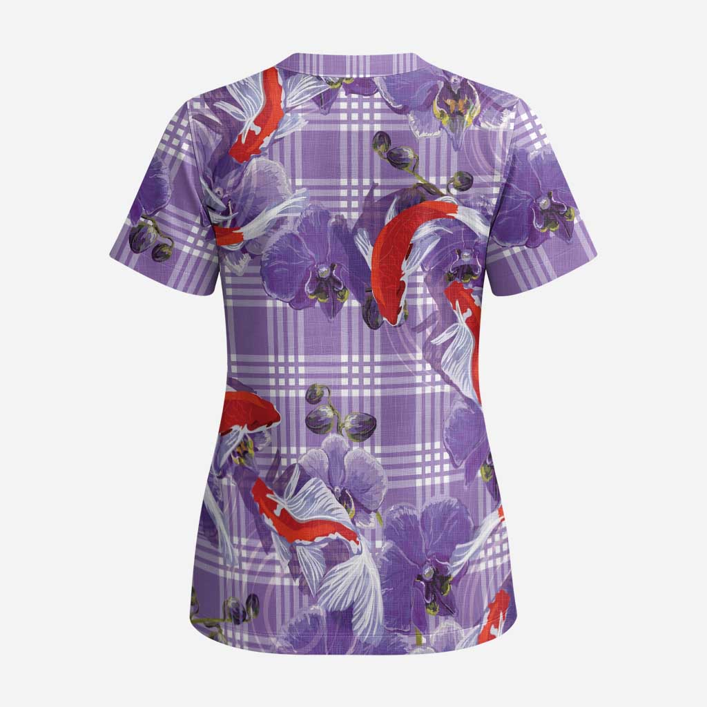 Lavender Palaka Hawaii Aloha Scrub Top Koi Pond Mix Orchids LT7 - Polynesian Pride