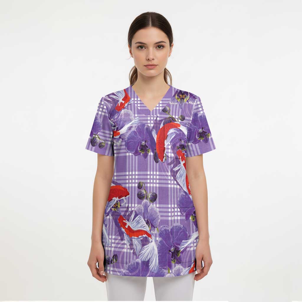 Lavender Palaka Hawaii Aloha Scrub Top Koi Pond Mix Orchids LT7 - Polynesian Pride