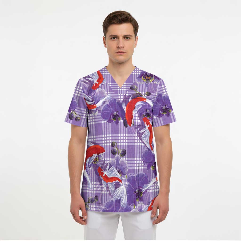 Lavender Palaka Hawaii Aloha Scrub Top Koi Pond Mix Orchids LT7 - Polynesian Pride