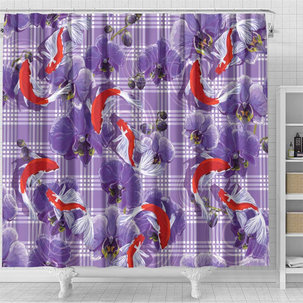 Lavender Palaka Hawaii Aloha Shower Curtain Koi Pond Mix Orchids LT7 - Polynesian Pride