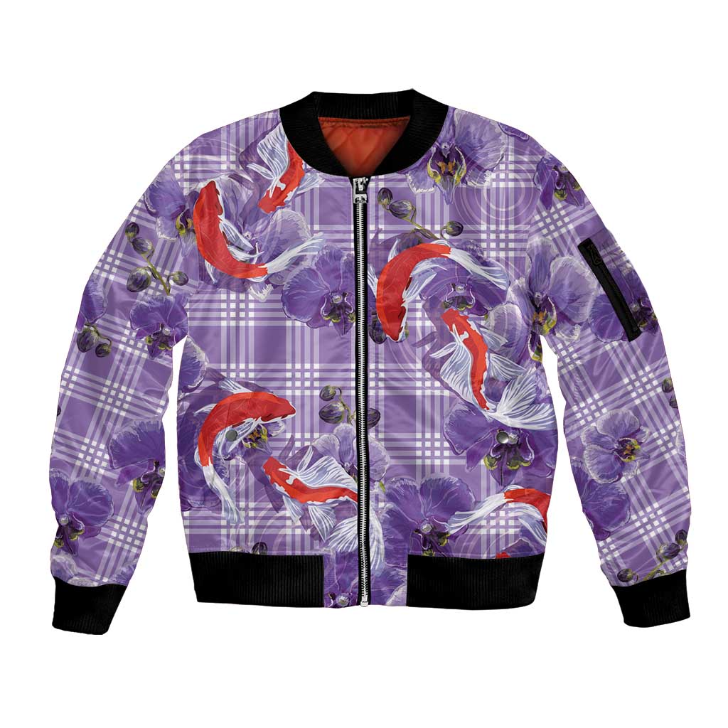 Lavender Palaka Hawaii Aloha Sleeve Zip Bomber Jacket Koi Pond Mix Orchids LT7 Unisex Purple - Polynesian Pride