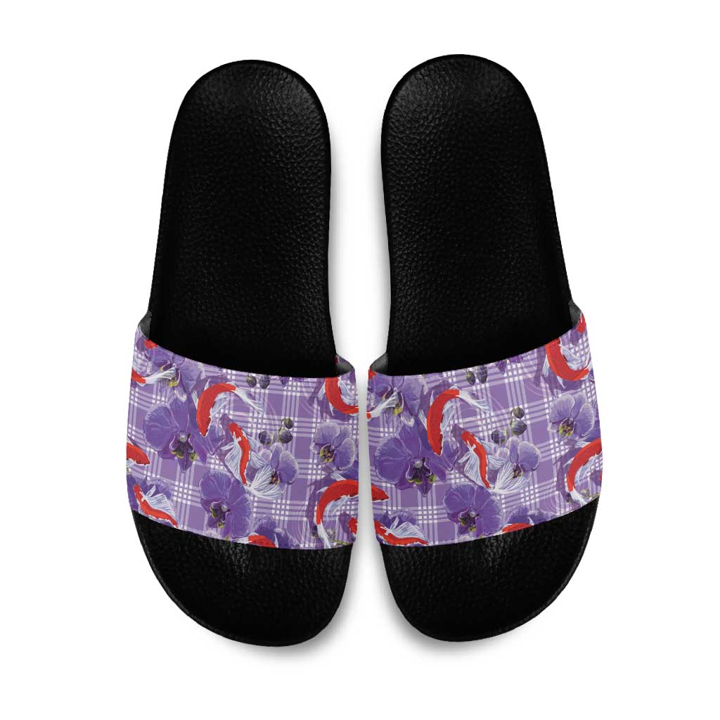 Lavender Palaka Hawaii Aloha Slide Sandals Koi Pond Mix Orchids LT7 Purple - Polynesian Pride