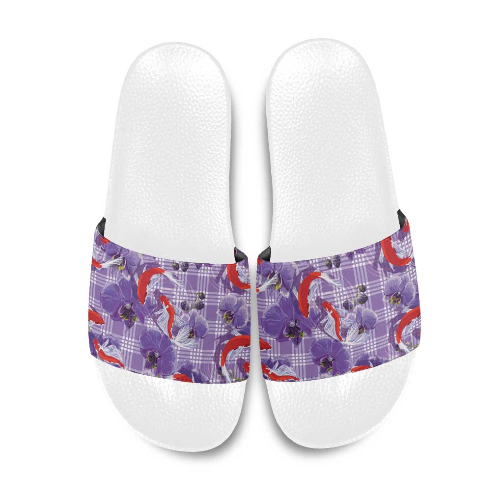 Lavender Palaka Hawaii Aloha Slide Sandals Koi Pond Mix Orchids LT7 Purple - Polynesian Pride