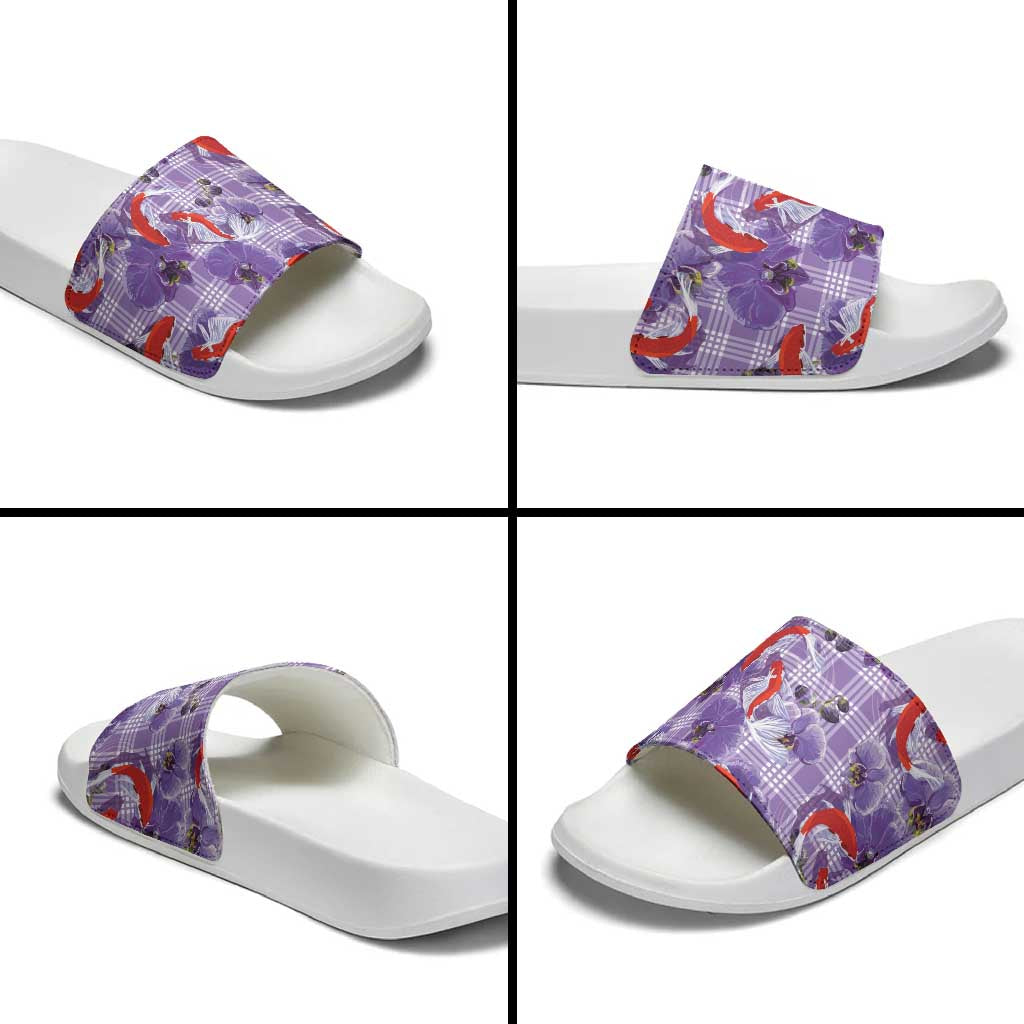 Lavender Palaka Hawaii Aloha Slide Sandals Koi Pond Mix Orchids LT7 - Polynesian Pride