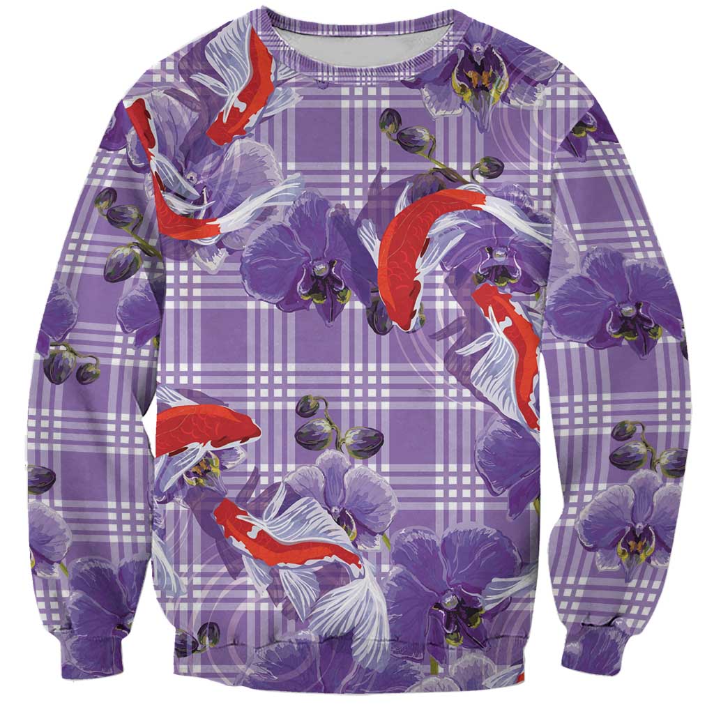Lavender Palaka Hawaii Aloha Sweatshirt Koi Pond Mix Orchids LT7 Unisex Purple - Polynesian Pride