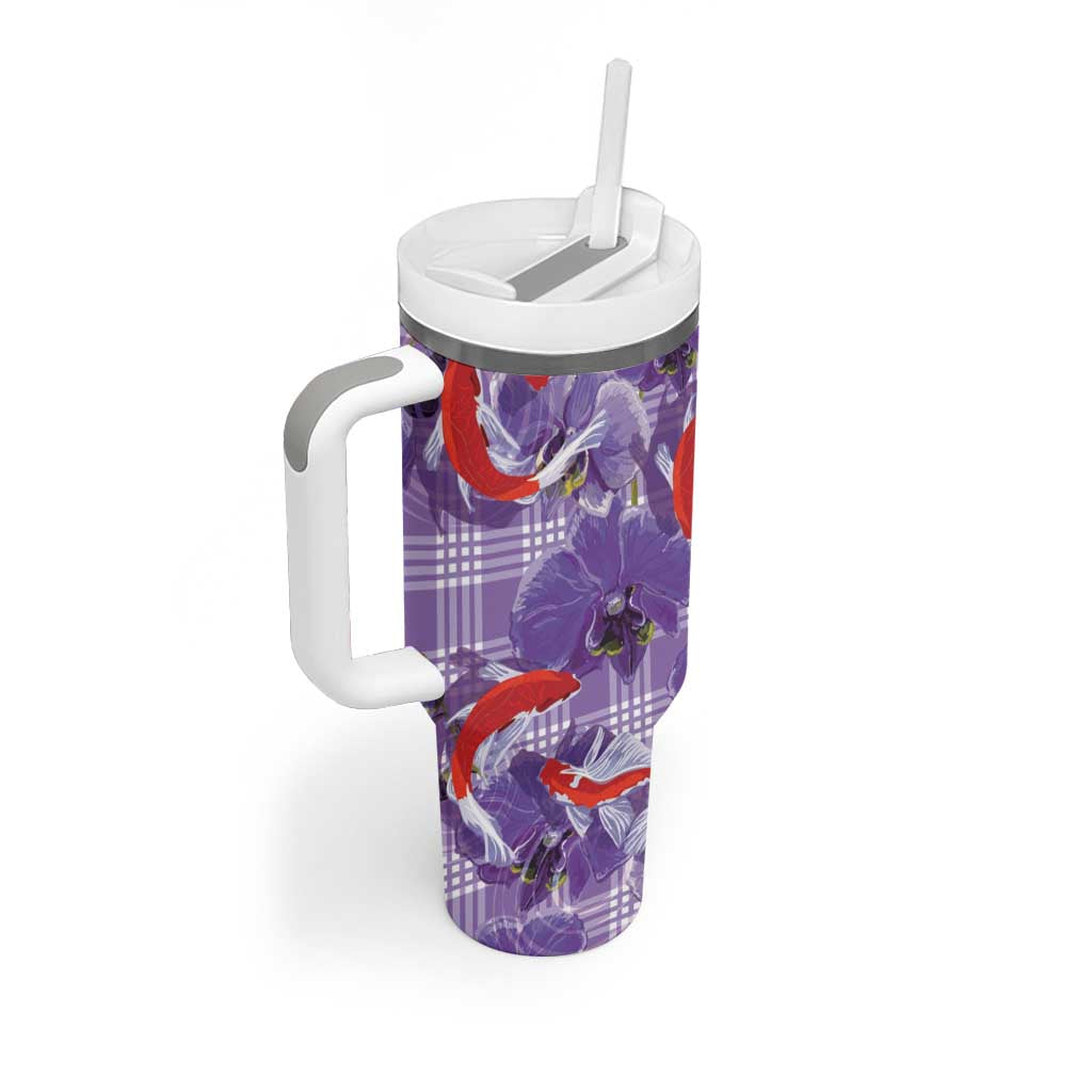 Lavender Palaka Hawaii Aloha Tumbler With Handle Koi Pond Mix Orchids LT7 - Polynesian Pride