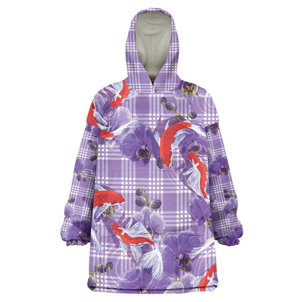 Lavender Palaka Hawaii Aloha Wearable Blanket Hoodie Koi Pond Mix Orchids LT7 One Size Purple - Polynesian Pride