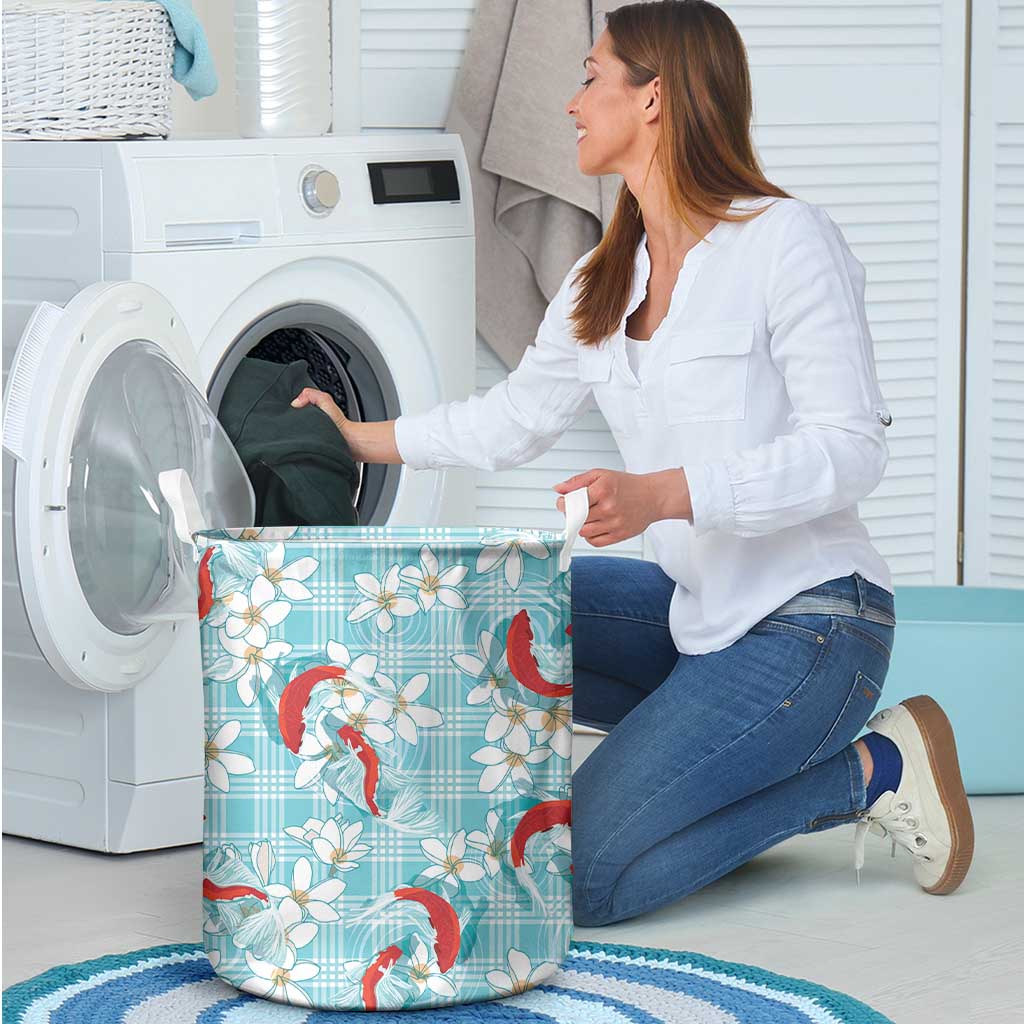 Turquoise Palaka Hawaii Aloha Laundry Basket Koi Pond Mix Plumeria LT7 - Polynesian Pride