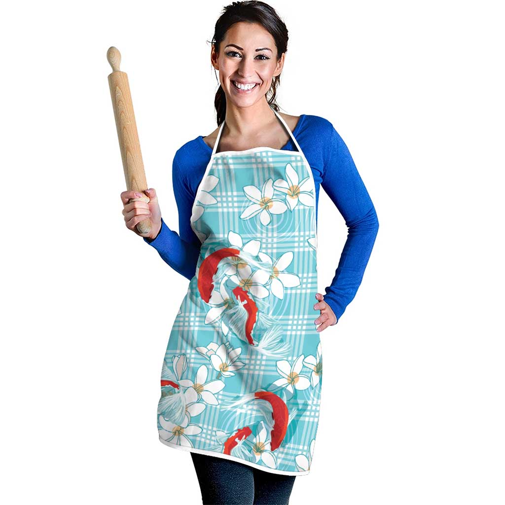 Turquoise Palaka Hawaii Aloha Apron Koi Pond Mix Plumeria LT7 - Polynesian Pride