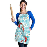 Turquoise Palaka Hawaii Aloha Apron Koi Pond Mix Plumeria LT7 - Polynesian Pride