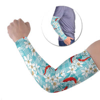 Turquoise Palaka Hawaii Aloha Arm Sleeves Koi Pond Mix Plumeria LT7 Set of 2 Turquoise - Polynesian Pride