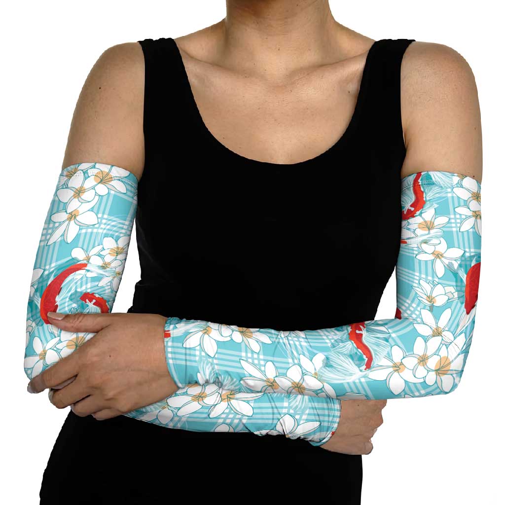 Turquoise Palaka Hawaii Aloha Arm Sleeves Koi Pond Mix Plumeria LT7 - Polynesian Pride