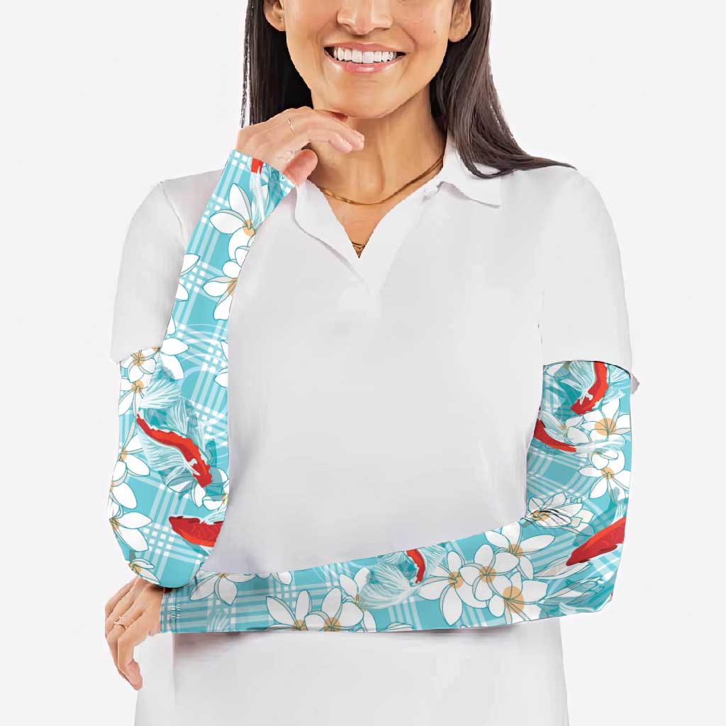 Turquoise Palaka Hawaii Aloha Arm Sleeves Koi Pond Mix Plumeria LT7 - Polynesian Pride