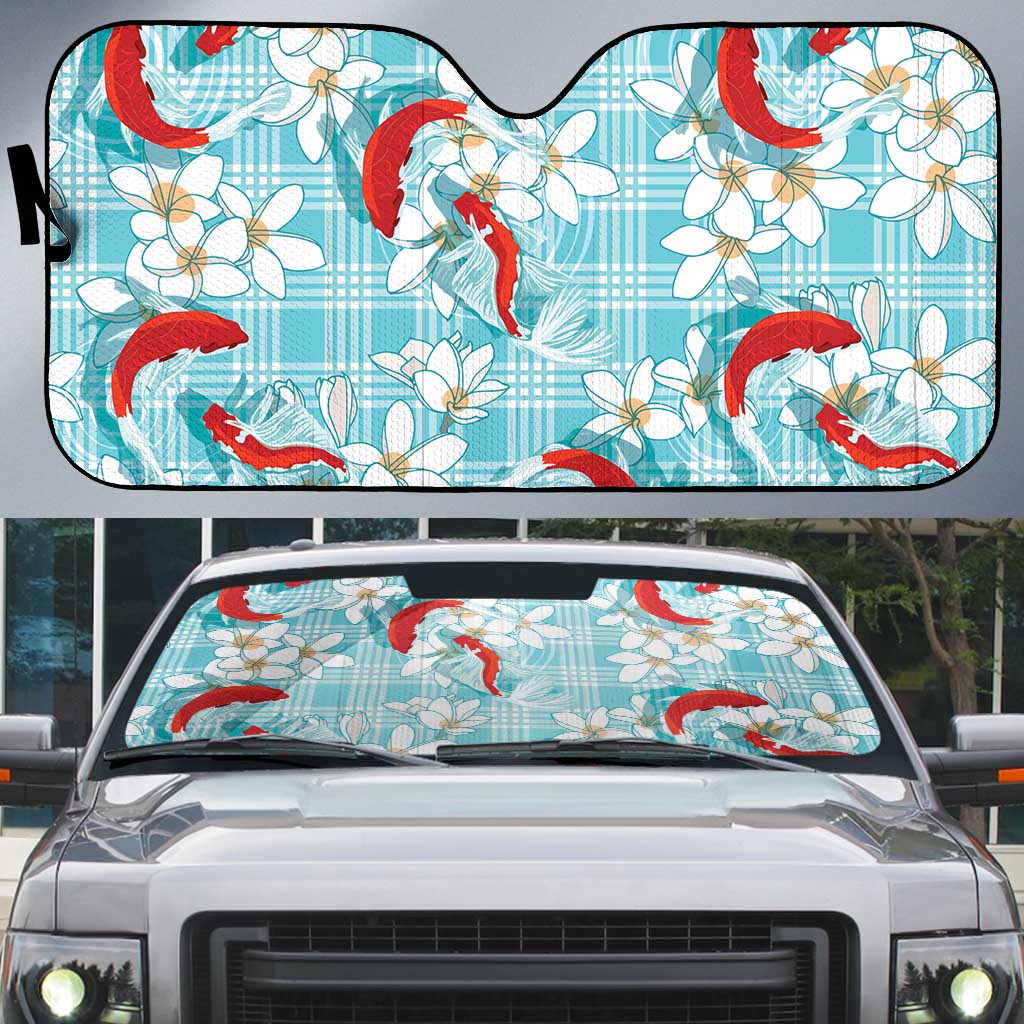 Turquoise Palaka Hawaii Aloha Auto Sun Shade Koi Pond Mix Plumeria LT7 Turquoise - Polynesian Pride