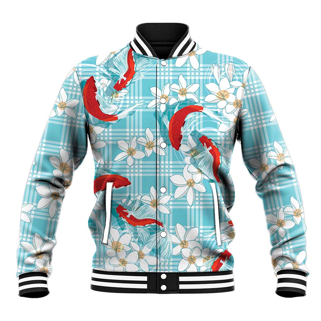 Turquoise Palaka Hawaii Aloha Baseball Jacket Koi Pond Mix Plumeria LT7 Unisex Turquoise - Polynesian Pride