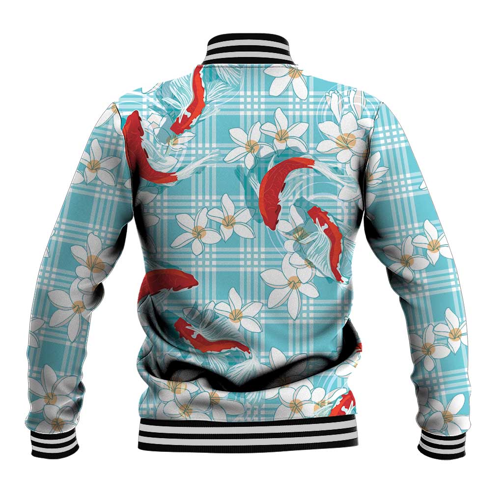Turquoise Palaka Hawaii Aloha Baseball Jacket Koi Pond Mix Plumeria LT7 - Polynesian Pride