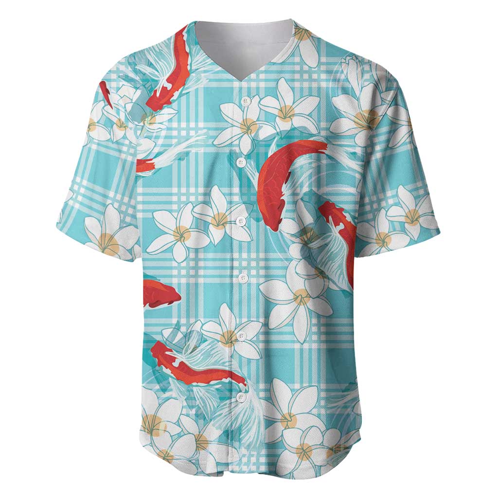Turquoise Palaka Hawaii Aloha Baseball Jersey Koi Pond Mix Plumeria LT7 Turquoise - Polynesian Pride