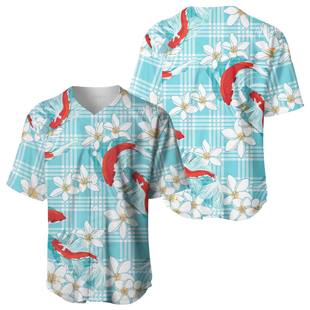 Turquoise Palaka Hawaii Aloha Baseball Jersey Koi Pond Mix Plumeria LT7 - Polynesian Pride