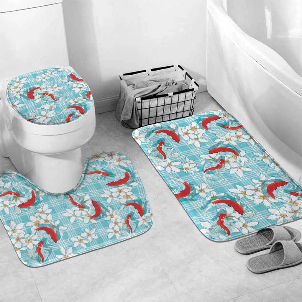 Turquoise Palaka Hawaii Aloha Bathroom Set Koi Pond Mix Plumeria LT7 Mat Set Only (3 pcs) One Size Turquoise - Polynesian Pride