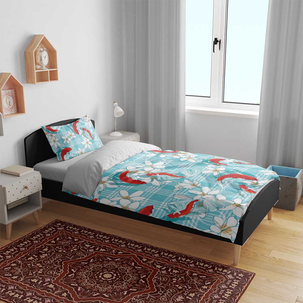 Turquoise Palaka Hawaii Aloha Bedding Set Koi Pond Mix Plumeria LT7 - Polynesian Pride