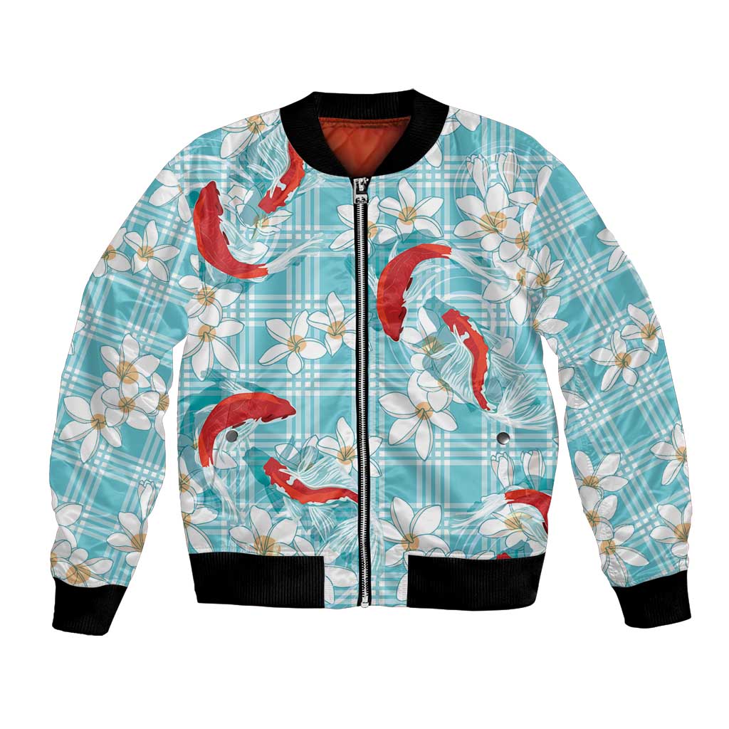 Turquoise Palaka Hawaii Aloha Bomber Jacket Koi Pond Mix Plumeria LT7 Unisex Turquoise - Polynesian Pride