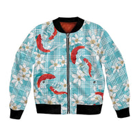 Turquoise Palaka Hawaii Aloha Bomber Jacket Koi Pond Mix Plumeria LT7 Unisex Turquoise - Polynesian Pride