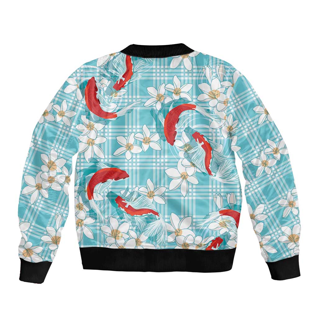 Turquoise Palaka Hawaii Aloha Bomber Jacket Koi Pond Mix Plumeria LT7 - Polynesian Pride