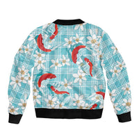 Turquoise Palaka Hawaii Aloha Bomber Jacket Koi Pond Mix Plumeria LT7 - Polynesian Pride