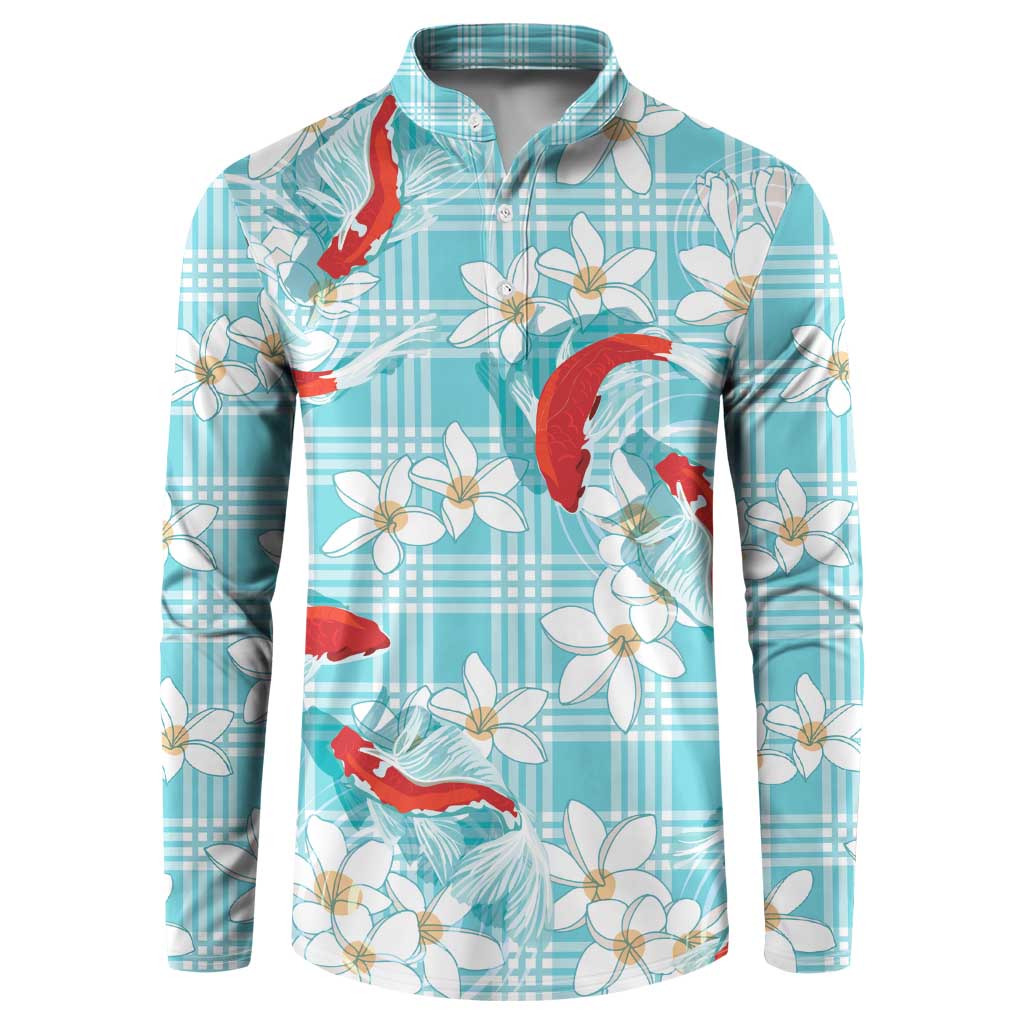 Turquoise Palaka Hawaii Aloha Button Sweatshirt Koi Pond Mix Plumeria LT7 Turquoise - Polynesian Pride