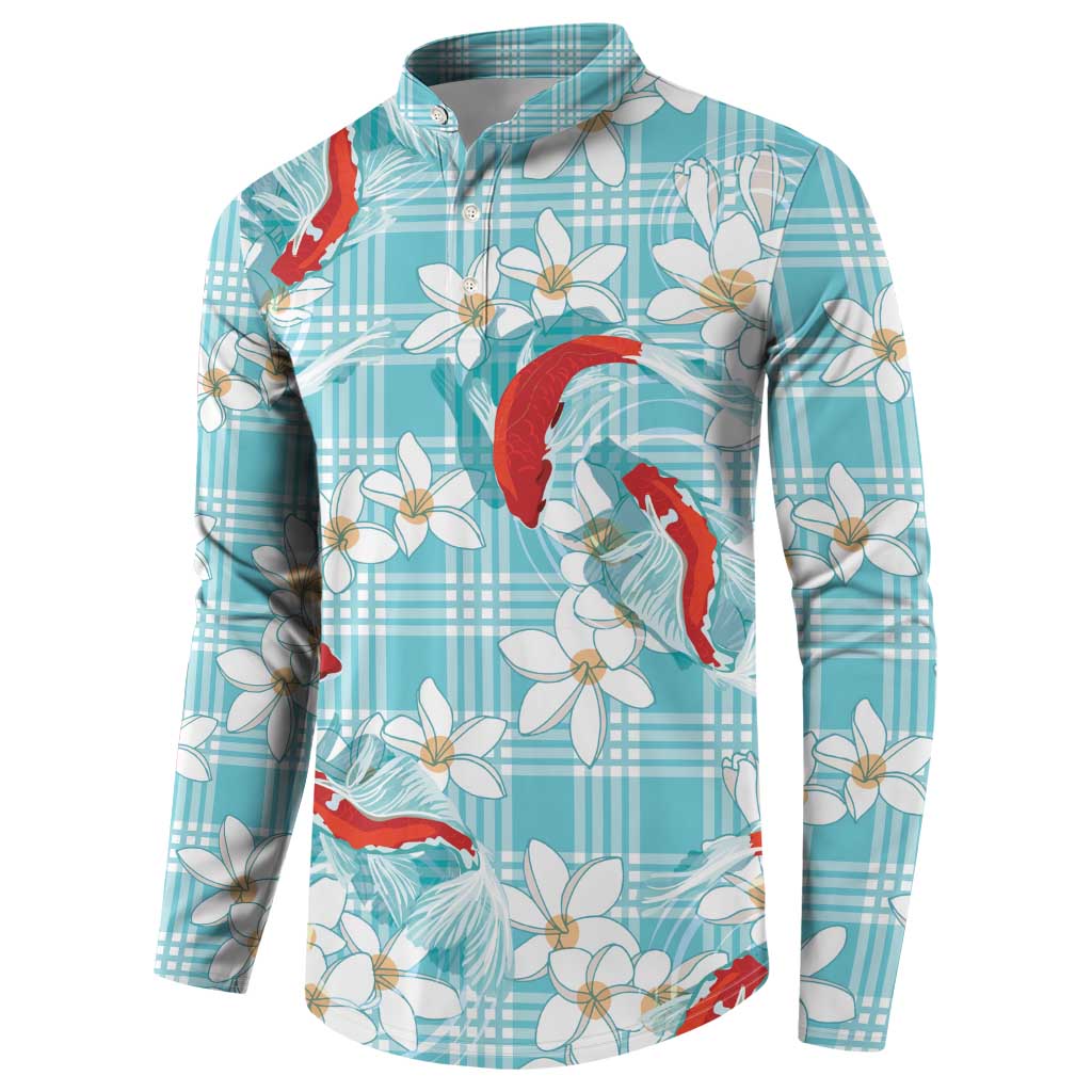 Turquoise Palaka Hawaii Aloha Button Sweatshirt Koi Pond Mix Plumeria LT7 - Polynesian Pride