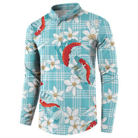 Turquoise Palaka Hawaii Aloha Button Sweatshirt Koi Pond Mix Plumeria LT7 - Polynesian Pride