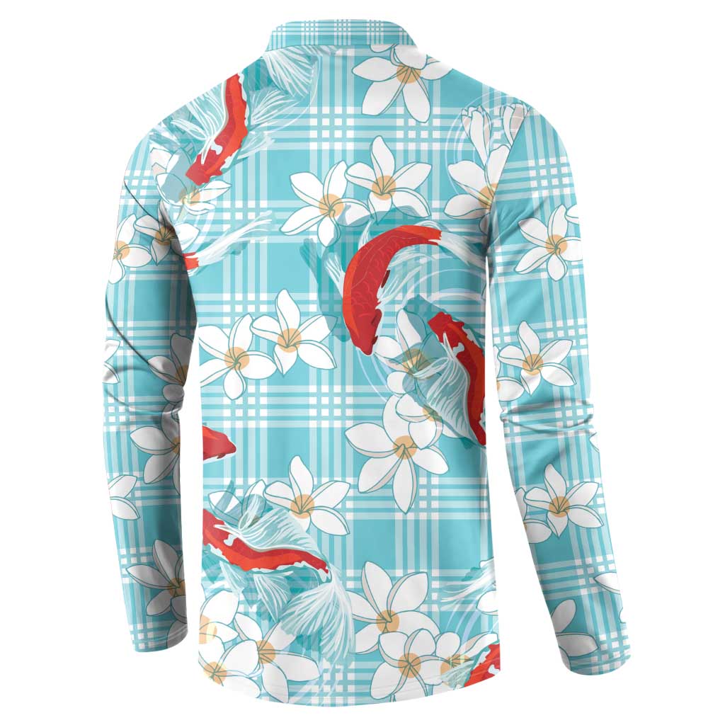 Turquoise Palaka Hawaii Aloha Button Sweatshirt Koi Pond Mix Plumeria LT7 - Polynesian Pride