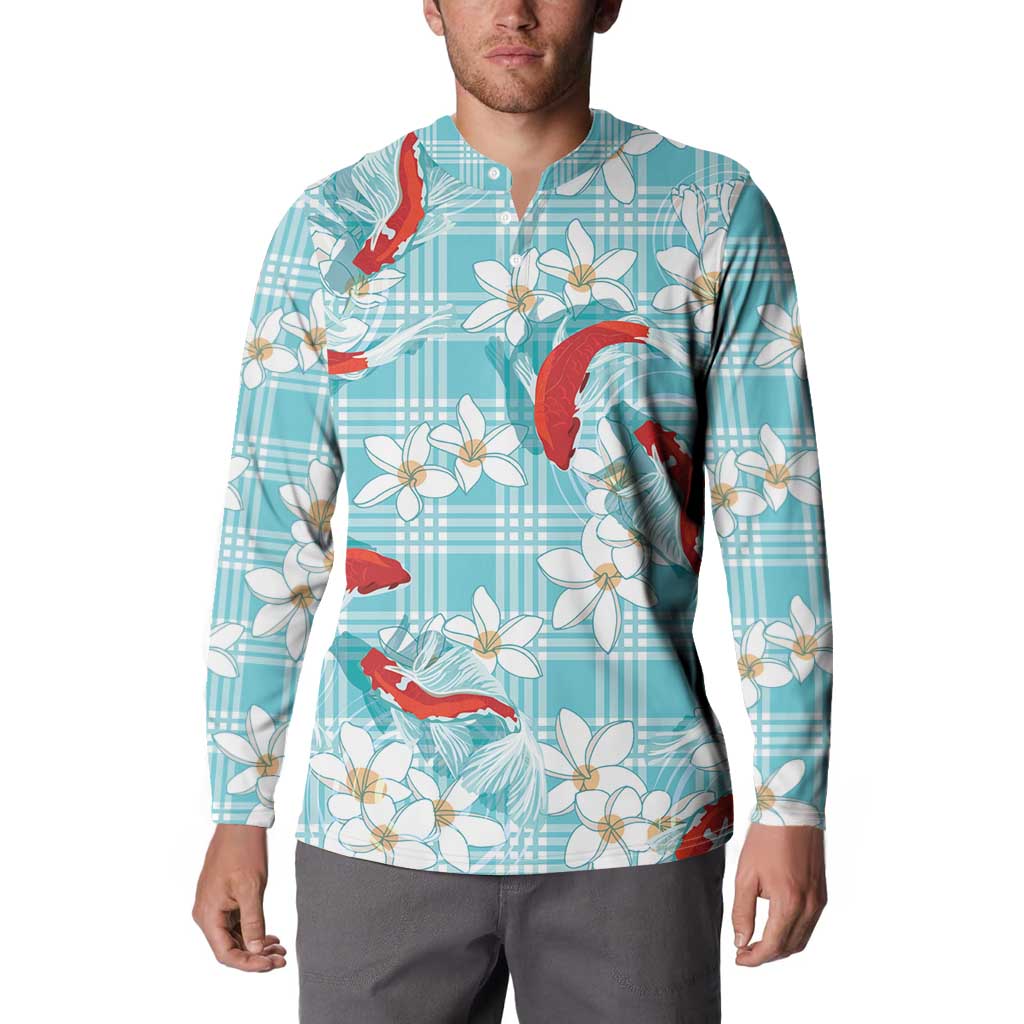 Turquoise Palaka Hawaii Aloha Button Sweatshirt Koi Pond Mix Plumeria LT7 - Polynesian Pride