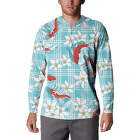 Turquoise Palaka Hawaii Aloha Button Sweatshirt Koi Pond Mix Plumeria LT7 - Polynesian Pride