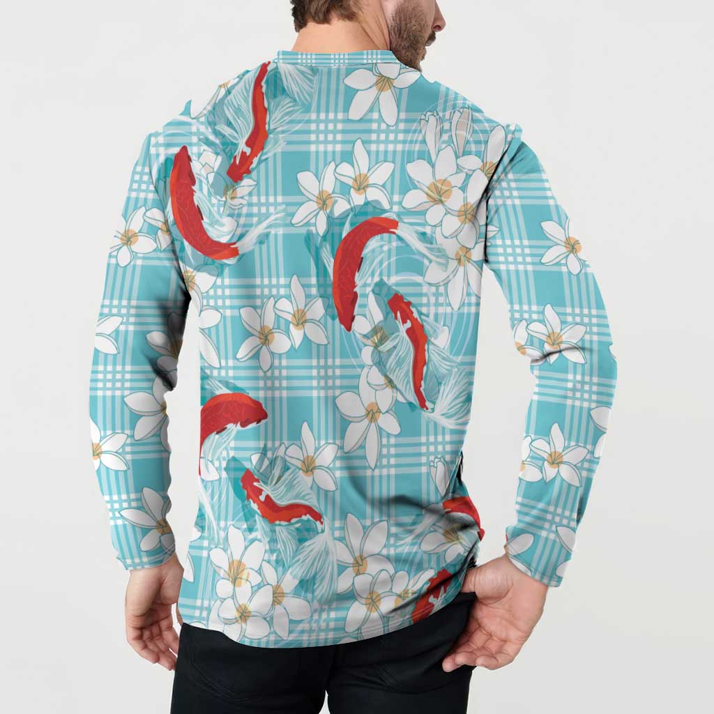 Turquoise Palaka Hawaii Aloha Button Sweatshirt Koi Pond Mix Plumeria LT7 - Polynesian Pride
