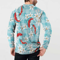 Turquoise Palaka Hawaii Aloha Button Sweatshirt Koi Pond Mix Plumeria LT7 - Polynesian Pride